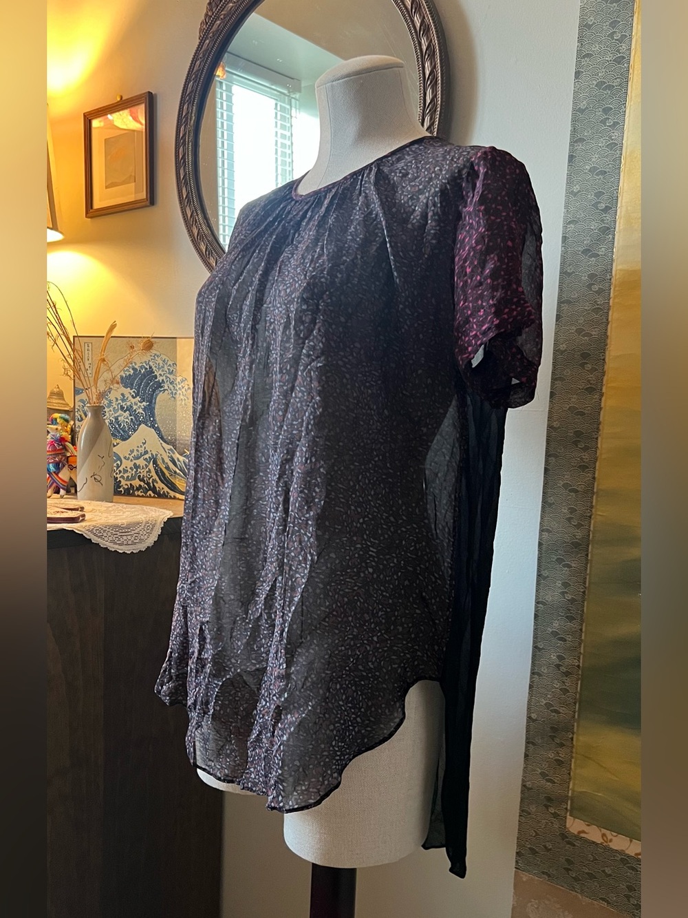 Wilfred SILK Sheer Black Blouse with Plum Accent